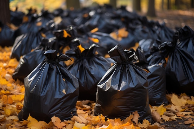 Foto zwarte plastic zakken gevuld met gevallen bladeren