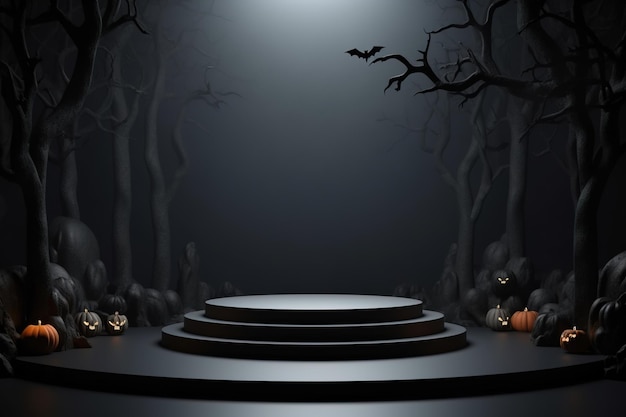 Zwarte podiumplank of leeg voetstukdisplay met pompoenen, spinnen, vleermuizen op donkere Halloween-achtergrond Lege standaard voor het tonen van product Happy halloween banner mockup 3D-rendering