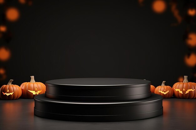 Zwarte podiumplank of leeg voetstukdisplay met pompoenen, spinnen, vleermuizen op donkere Halloween-achtergrond Lege standaard voor het tonen van product Happy halloween banner mockup 3D-rendering