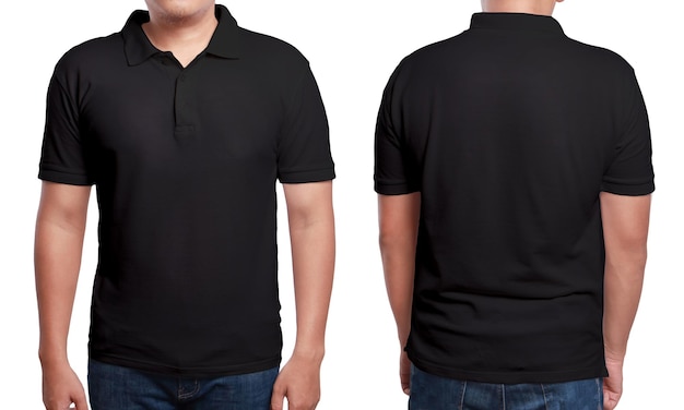 Zwarte polo t-shirt mock-up voor- en achteruitzicht geïsoleerd Mannelijk model draagt gewoon zwart shirt mock-up