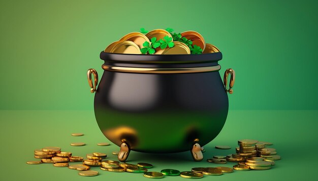 Zwarte pot met gouden munten en klaverblaadjes, Patrick's day, generatieve ai