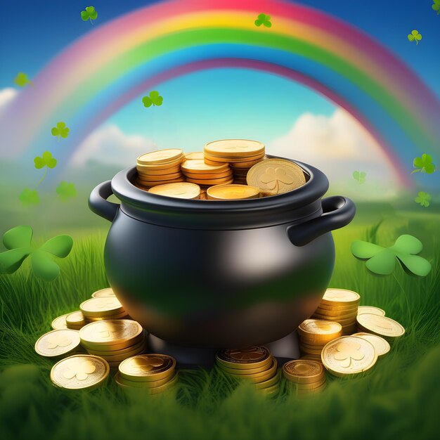 Zwarte pot met gouden munten Shamrock of klaver regenboog St Patrick's Day concept