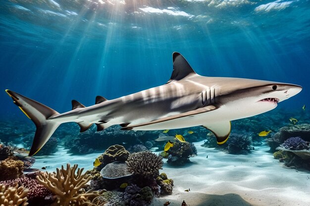 Foto zwarte punt rif oceaanhaai triaenodon obesus zoogdier zwemmen in tropische onderwater haai in onderwater