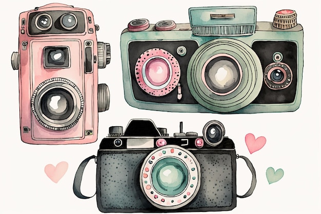 Zwarte retro camera leuke collectietekening met een beetje aquarel generatieve ai