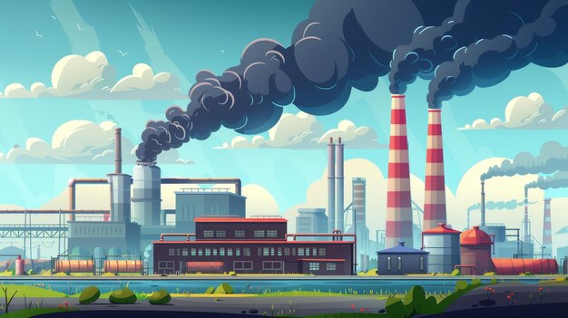 Zwarte rook uit schoorstenen op een fabrieksgebouw Vervuiling veroorzaakt door industriële productie Moderne cartoonlandschap met een kolencentrale of chemische fabriek met vuile wolken die uit de