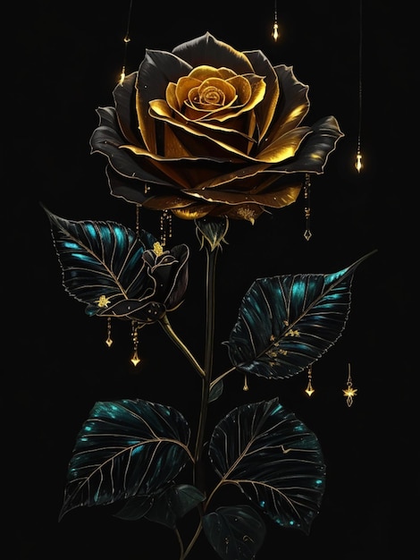 Zwarte roos met gouden bladeren druipende 8k neonlijnen diamanten zien door licht water vuurvliegje helder