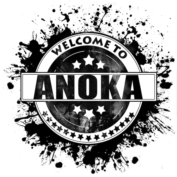 Foto zwarte rubberen postzegel van de stad anoka op een stevige witte achtergrond