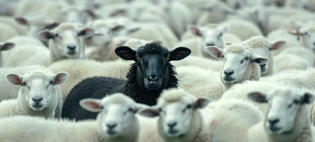 zwarte schapen onder een kudde witte schapen die hun hoofd als leider opheffen