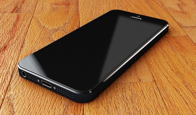 Zwarte smartphones met leeg scherm, op houten bureauachtergrond - hoog gedetailleerd, realistisch, geheel in beeld, 3D-rendering.