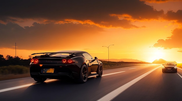 Zwarte sportwagen snelweg rijden in de zonsondergang