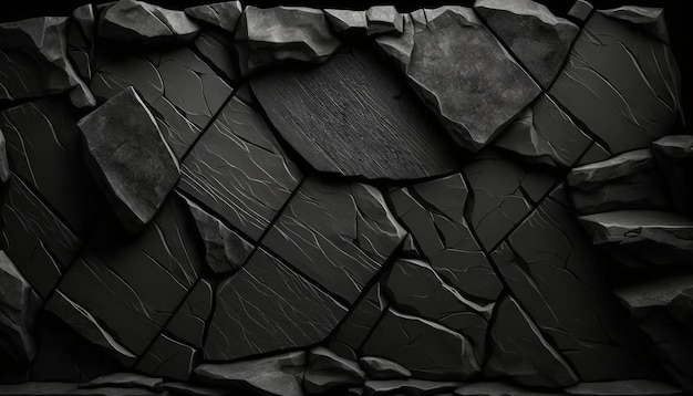 Zwarte stenen muur met een patroon van stenen.