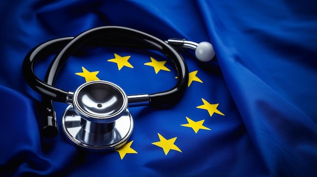 zwarte stethoscoop op de EU-vlag achtergrond bedrijfs- en financieel concept