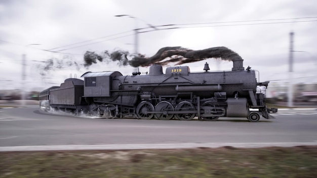 Foto zwarte stoomlocomotief drijft op de weg in de stad