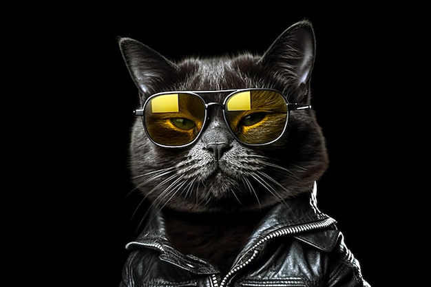 Zwarte strenge kat in gele zonnebril en een leren jas op een zwarte achtergrond Gegenereerd door AI
