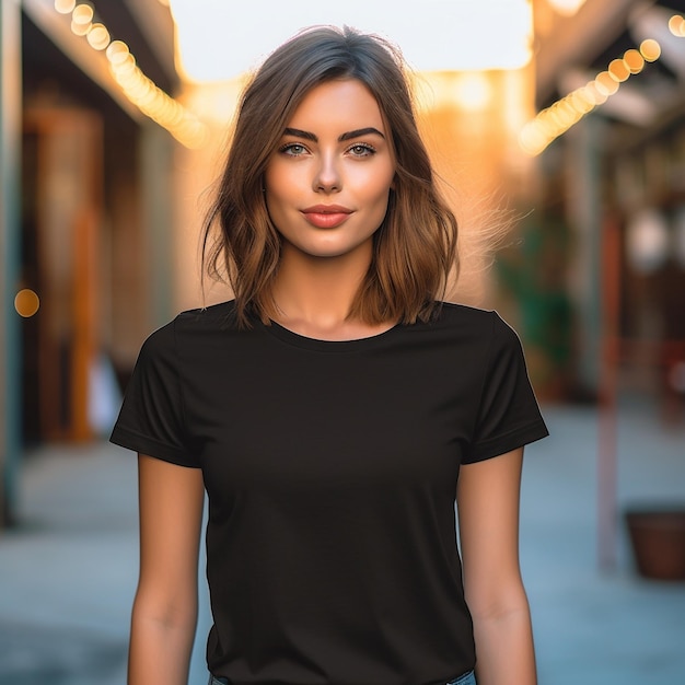 Zwarte t-shirt mockup vrouwelijke model foto