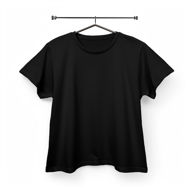 Zwarte t-shirt op een hanger op een witte achtergrond