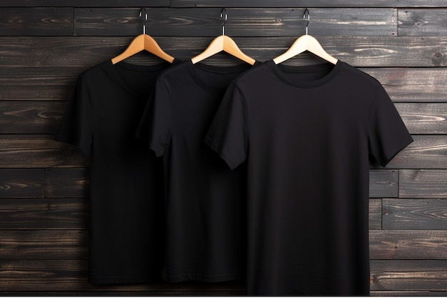 Zwarte T-shirts op hangers tegen bakstenen muur Mockup voor ontwerp