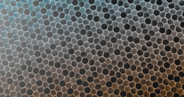Zwarte technologische zeshoekig patroon op blauwe en oranje neon achtergrond - abstracte achtergrond afbeelding met gloeiende effecten, Vector 3d render