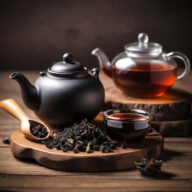 Zwarte thee in theepot en beker op houten oppervlak