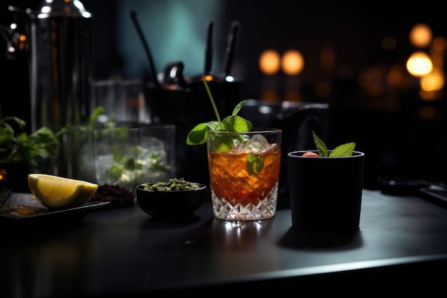 Zwarte toog met cocktail in een traditioneel glas op onscherpe achtergrond AI gegenereerde illustratie