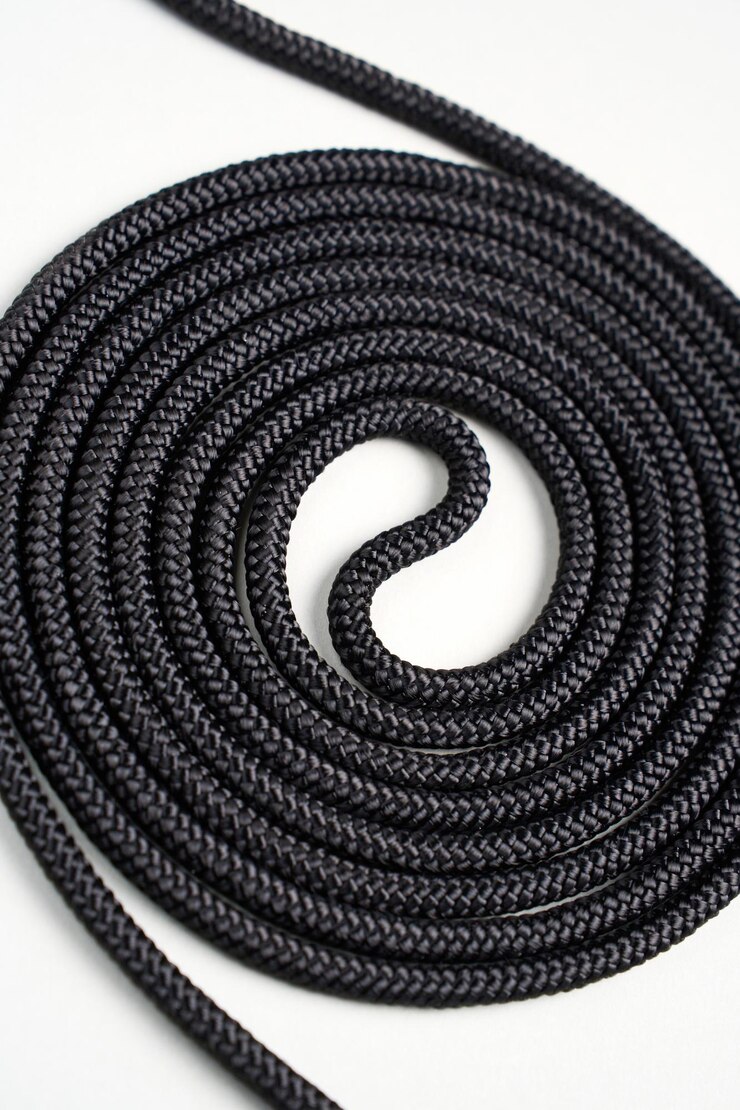 Zwarte touwswirl op een witte achtergrond Zwarte rope spoel close-up