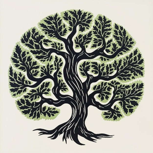 Zwarte Tree of Life illustratie Midcentury Woodcut stijl met organische beeldhouwkunst