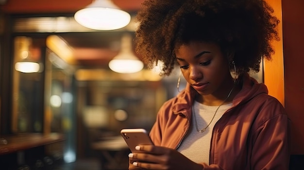 Zwarte trendy en moderne vrouw die telefoonstraatfilmische tv-spotconceptstijl controleert