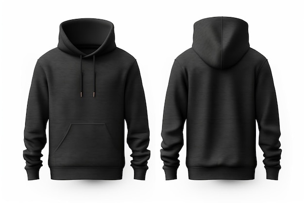 Zwarte trui hoodie voor- en achteraanzicht geïsoleerd op witte achtergrond