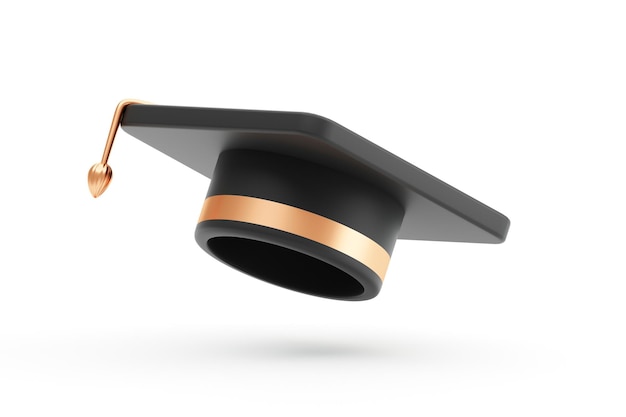 Zwarte universiteit afstuderen cap 3d pictogram geïsoleerd op een witte achtergrond met schoolonderwijs kennis diploma illustratie concept of college studie afgestudeerde hoed en succes prestatie certificaat