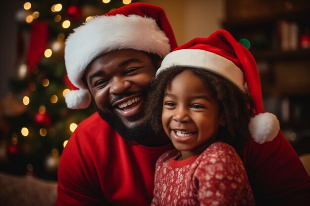 Foto zwarte vader en zoon genieten thuis van kerstmis