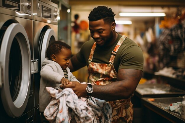 Zwarte vader met zoon in baby carrier Generative Ai