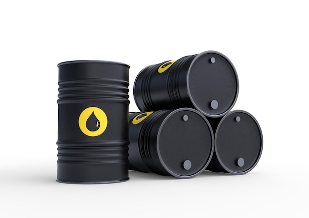Zwarte vaten olie op een witte achtergrond 3D-render illustratie