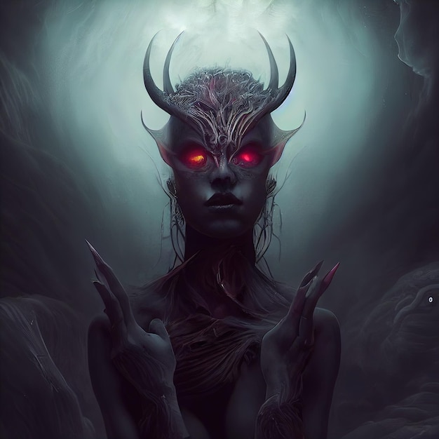 Zwarte verleidelijke vrouwelijke duivel met gekruiste armen Demon met brandende ogen in de mist Digitale afbeelding