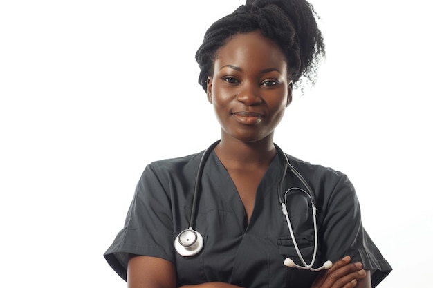 Zwarte verpleegster in scrub op witte achtergrond