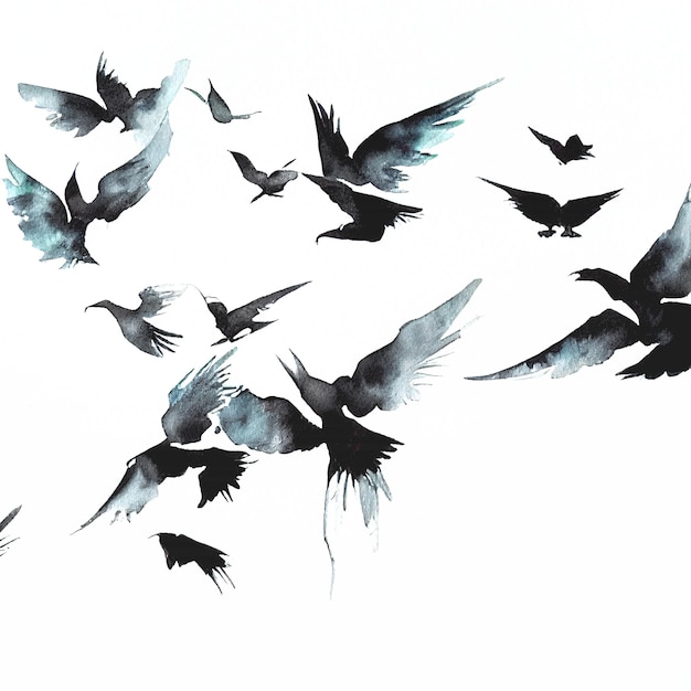 Zwarte vogels vliegen in de lucht waterverf illustratie geïsoleerd op witte achtergrond zwart en wit