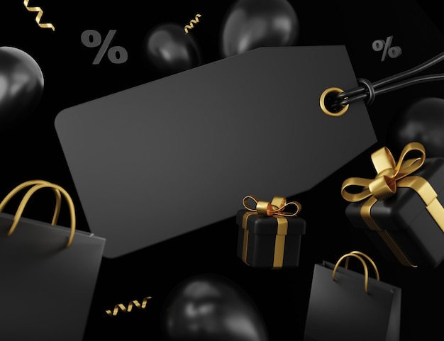 Zwarte vrijdag verkoop banner conceptontwerp van lege tag label geschenkdoos boodschappentas en ballon 3D render