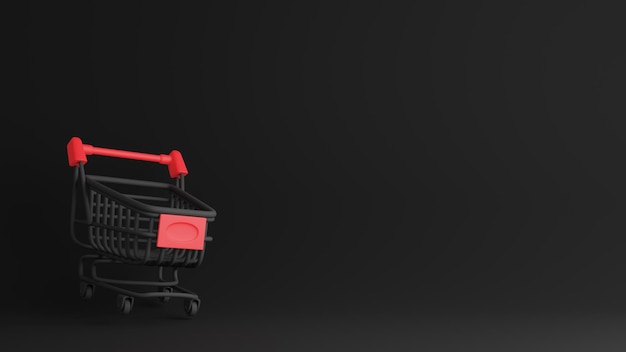 Zwarte vrijdag verkoop conceptontwerp van winkelwagentje op zwarte achtergrond 3D render