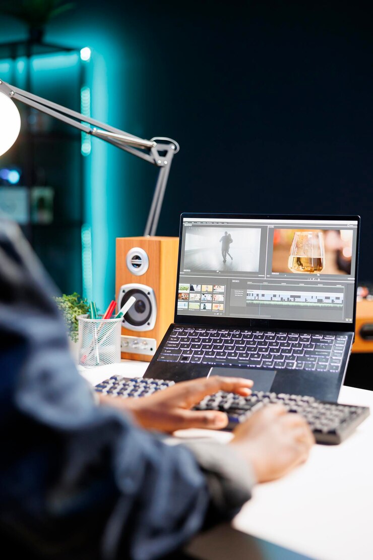 Foto zwarte vrouw bewerkende videobeelden