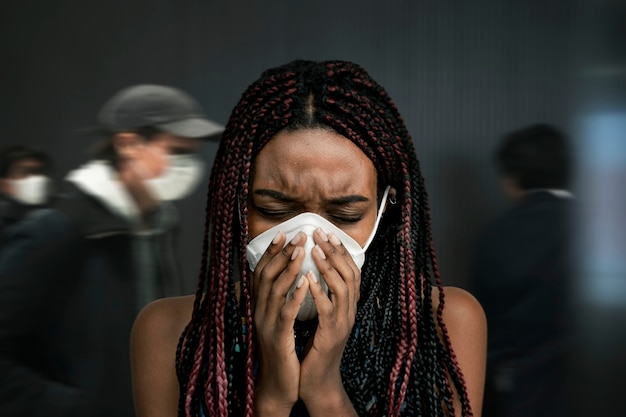 Zwarte vrouw die een masker draagt en hoest in een drukke