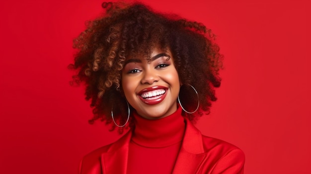 Zwarte vrouw die glimlacht en naar de camera staart terwijl ze een rood pak draagt tegen een rode achtergrond GENEREER AI