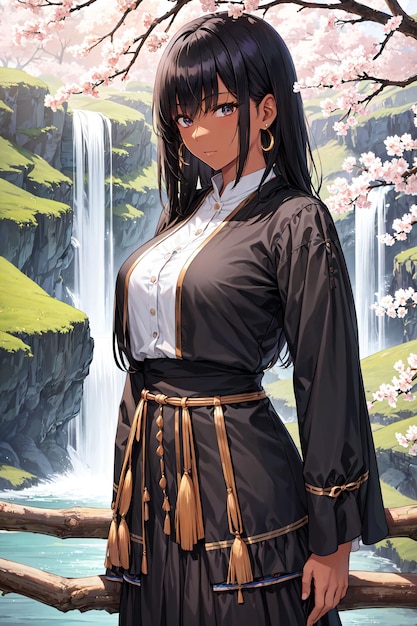 Zwarte vrouw die zwarte kleren draagt in een Chinees landschap met sakuraboom