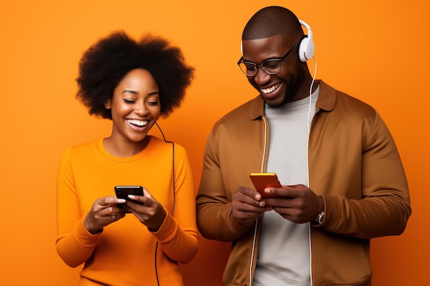 Zwarte vrouw en zwarte man met telefoon op oranje achtergrond