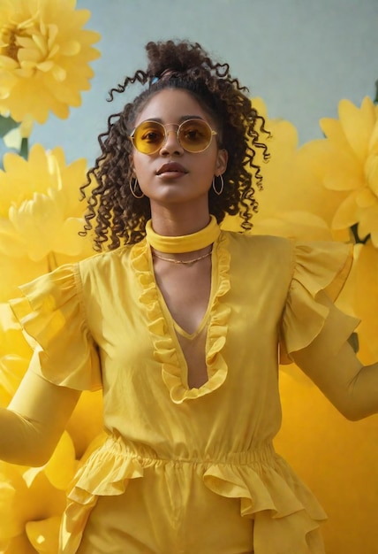 Zwarte vrouw in de twintig met krullend haar met een gele zonnebril.