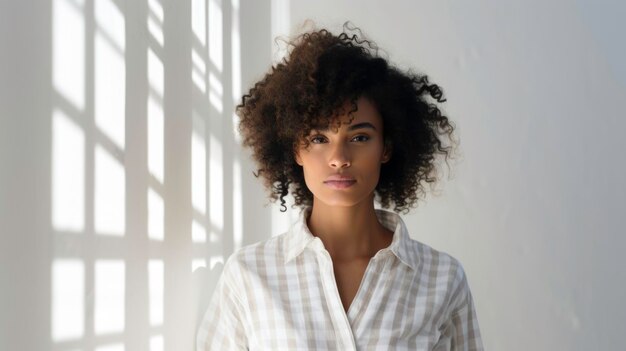 Zwarte vrouw in een geruite shirt en witte broek.