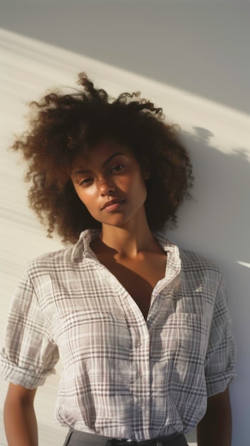 Zwarte vrouw in een geruite shirt en witte broek.