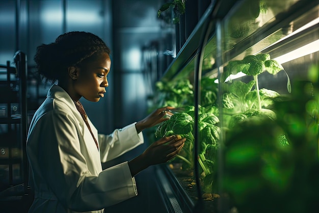 Foto zwarte vrouw in laboratoriumjas die het conceptwerk van de verticale boerderij inspecteert