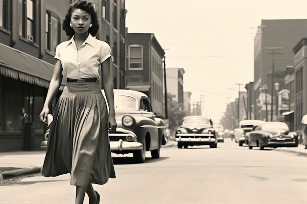 Foto zwarte vrouw loopt voor de stad detroit in 1950 monochromatisch