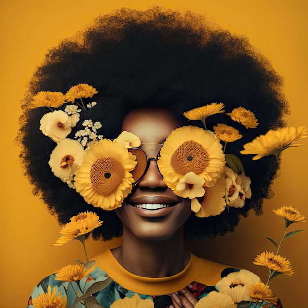 Zwarte vrouw met afrohaar dat haar ogen bedekt met bloemen op een kleurrijke achtergrond Generatieve AI
