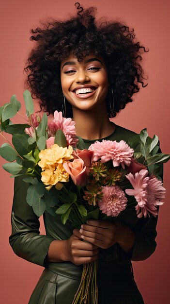 Zwarte vrouw met bloemboeket bloemenwinkel