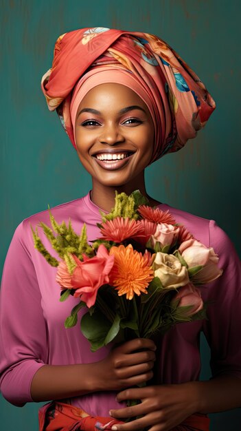 Zwarte vrouw met bloemboeket bloemenwinkel